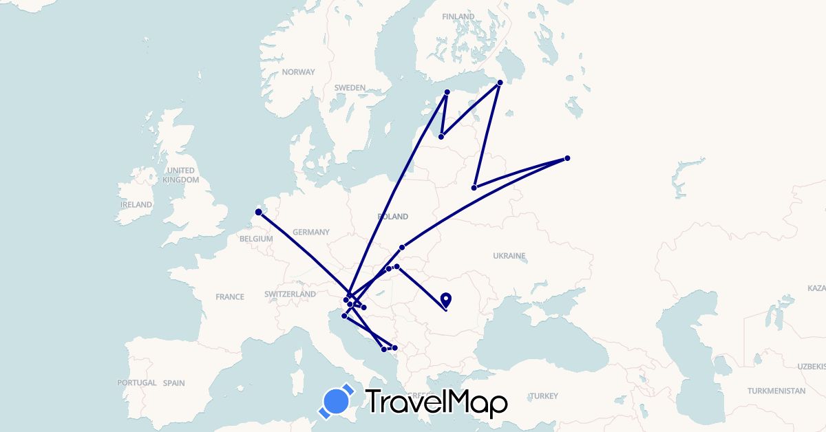 TravelMap itinerary: driving in Belarus, Estonia, Croatia, Latvia, Montenegro, Netherlands, Poland, Romania, Russia, Slovenia, Slovakia (Europe)